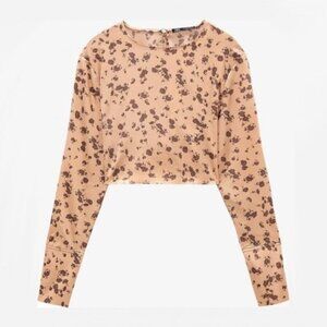 NWT Zara peach orange salmon pink satin-like floral print crop top, S